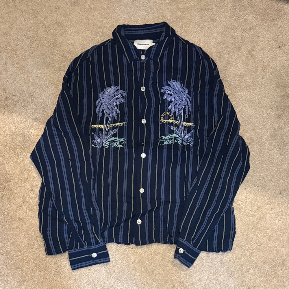 Casual Navy Striped Button-Down Shirt with Palm Embroidery